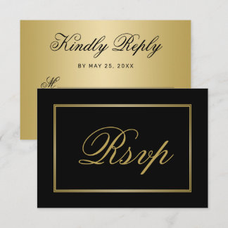 Chic Black Gold Script Calligraphy Wedding RSVP Card