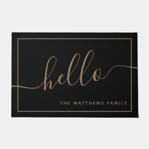 Chic Black Gold Script Hello Family Name Welcome Doormat