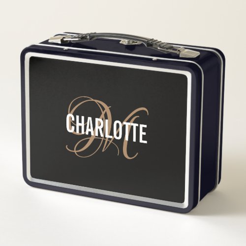 Chic black gold script monogram name  metal lunch box