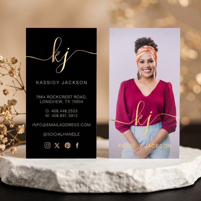 Chic Black Gold Script Monogram Professional Photo Foil Business Cards (Chic Black Gold Script Monogram Professional Photo Foil Business Cards)