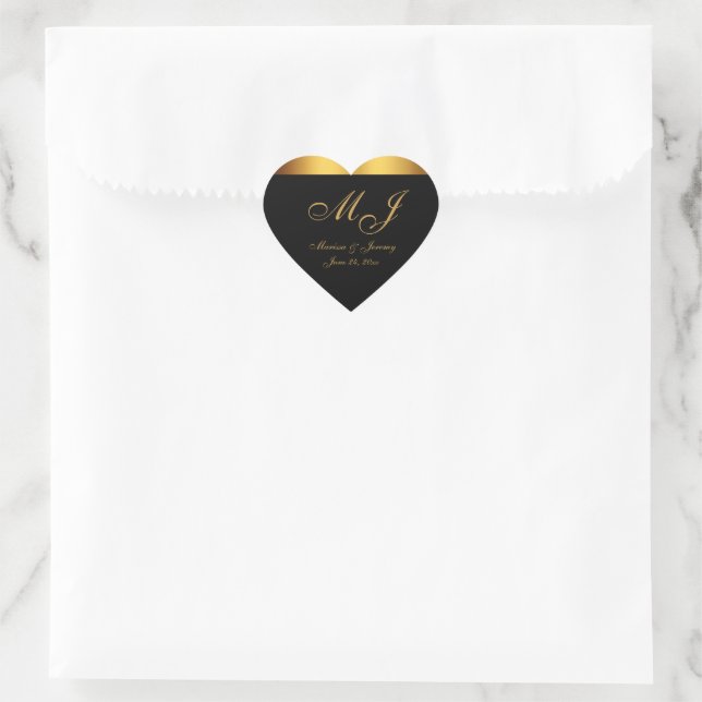 Chic Black Gold Script Monogram Wedding Heart Sticker (Bag)