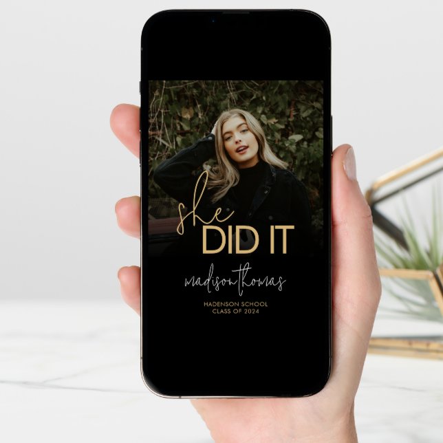 Chic Black Gold Script She Did It Photo Graduation Announcement (Front Digital)