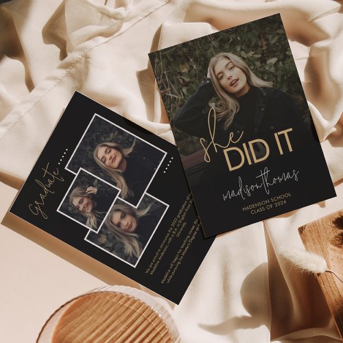 Chic Black Gold Script She Did It Photo Graduation Announcement