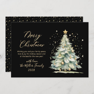 Chic Black Gold Script Watercolor Christmas Tree Holiday Card