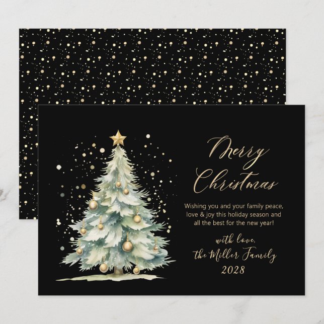 Chic Black Gold Script Watercolor Christmas Tree Holiday Card (Front/Back)