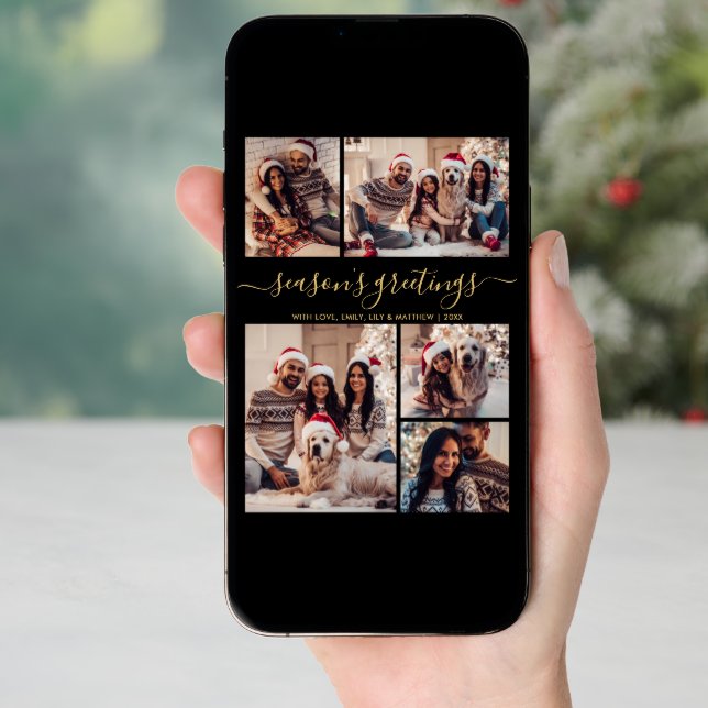 Chic Black Gold Seasons Greetings Script 5 Photo Holiday Card (Front Digital)