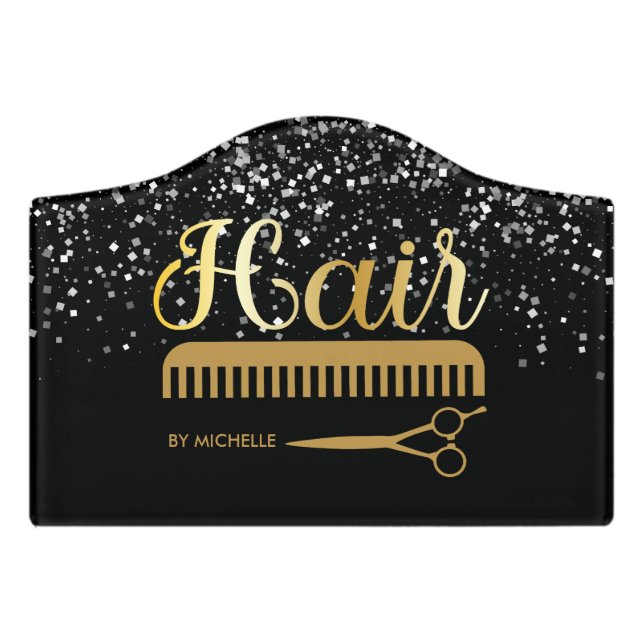chic Black gold Silver Glitter Hairstylist Salon  Door Sign (Small Crest Front)