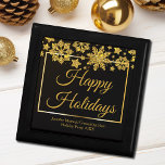 Chic Black Gold Snowflake Custom Christmas Party Gift Box<br><div class="desc">Chic corporate Christmas party gift box with Happy Holidays written in elegant gold cursive script under a beautiful border of snowflakes falling on  modern black holiday decor. Customize your professional presents for clients or employees with your company or business name.</div>