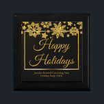 Chic Black Gold Snowflake Custom Christmas Party Gift Box<br><div class="desc">Chic corporate Christmas party gift box with Happy Holidays written in elegant gold cursive script under a beautiful border of snowflakes falling on  modern black holiday decor. Customize your professional presents for clients or employees with your company or business name.</div>