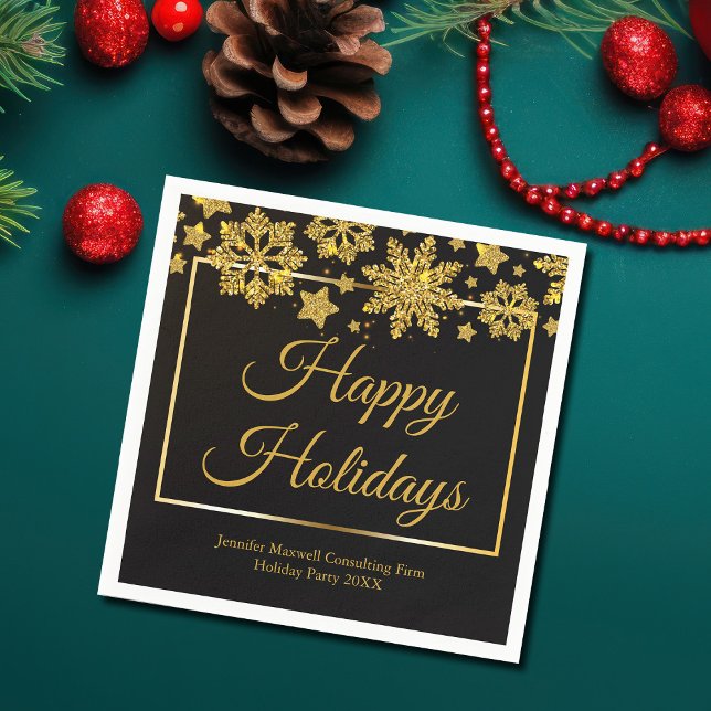 Chic Black Gold Snowflake Custom Christmas Party Napkins (Creator Uploaded)