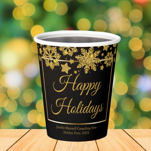Chic Black Gold Snowflake Custom Christmas Party Paper Cups