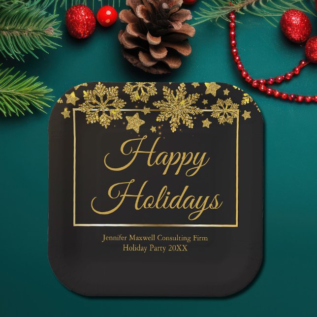 Chic Black Gold Snowflake Custom Christmas Party Paper Plates (Creator Uploaded)