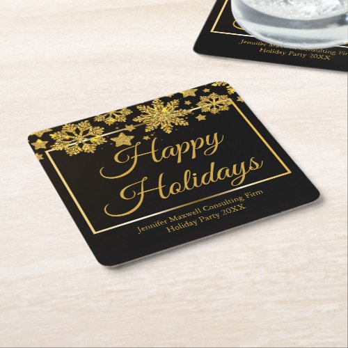 Chic Black Gold Snowflake Custom Christmas Party Square Paper Coaster
