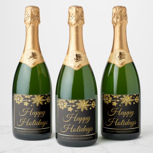 Chic Black Gold Snowflake Custom Holiday Party Sparkling Wine Label