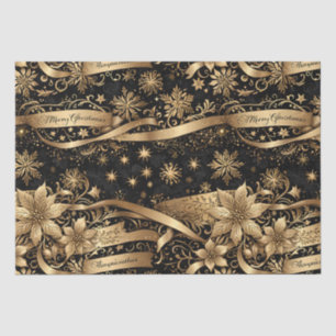 Chic Black Gold Snowflake Sparkle Floral Christmas Tissue Paper