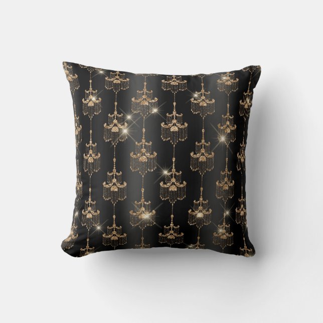 Chic Black Gold Sparkle Chandelier  Throw Pillow (Front)