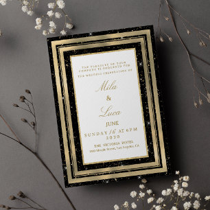Chic black gold sparkly glitter confetti Wedding Invitation