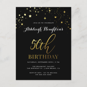 Chic Black & Gold Star Confetti 50th Birthday Invitation Postcard