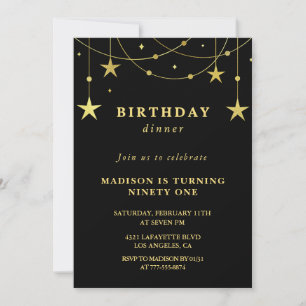 Chic Black Gold Stars Dinner 91st birthday Invitation