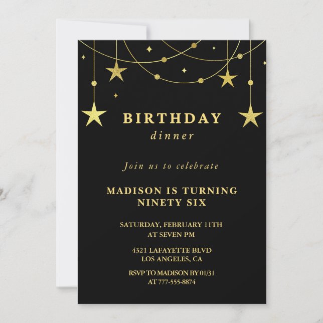 Chic Black Gold Stars Dinner 96th birthday Invitation (Front)