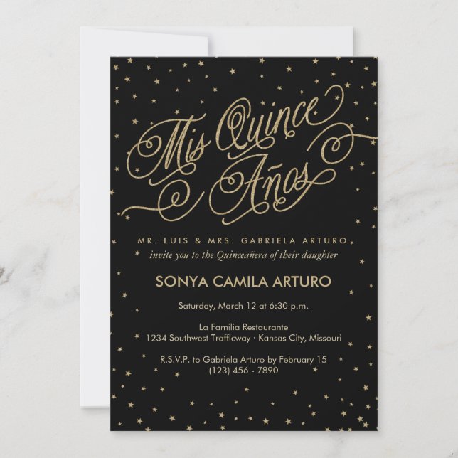 Chic Black & Gold Stars Quinceañera 15th Birthday Invitation (Front)