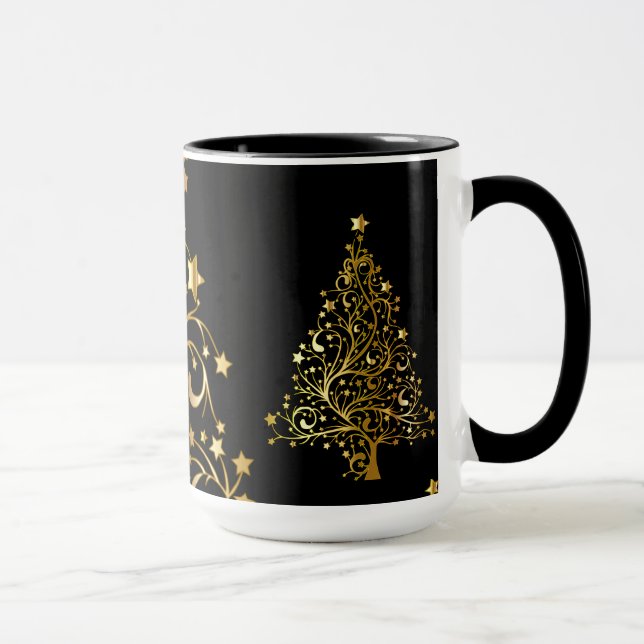 Chic Black Gold Stars Stylish Christmas Tree Mug (Right)