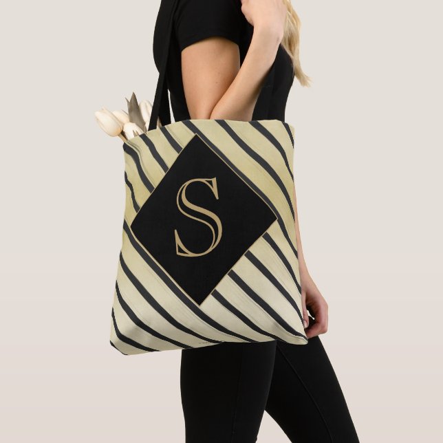 Chic Black Gold Stripe Personalized Tote Bag (Close Up)