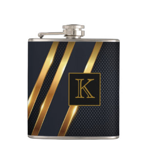 Chic Black & Gold Striped Monogrammed Flask