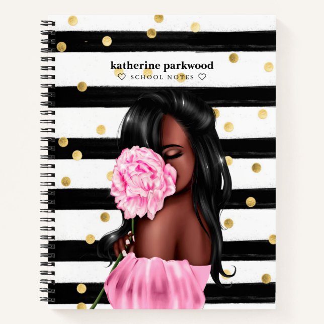 Chic Black Gold Stripes Brunette Girl Pink Floral Notebook (Front)