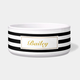Chic black gold Stripes Personalised Pet Name Bowl