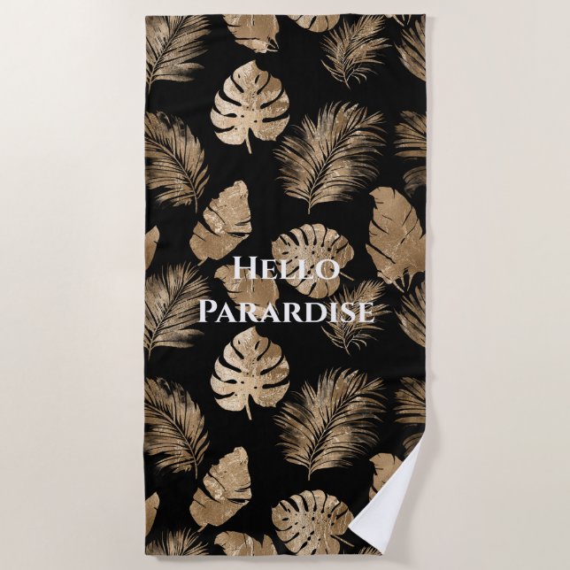 Chic Black Gold Tropical Leaves Beach Towel (Front)