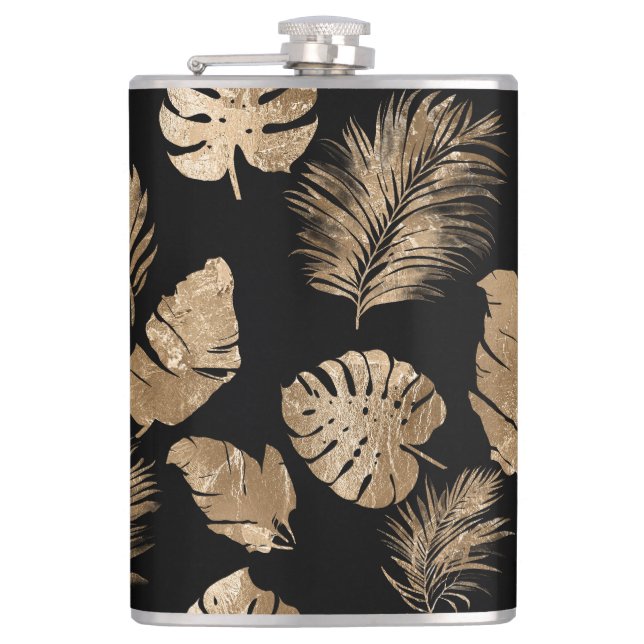Chic Black Gold Tropical Leaves Flask (Front)