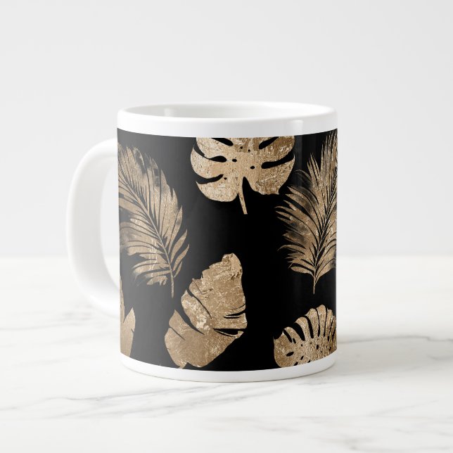 Chic Black Gold Tropical Leaves Giant Coffee Mug (Front Left)