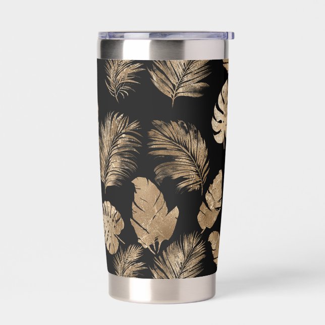 Chic Black Gold Tropical Leaves Insulated Tumbler (Left)