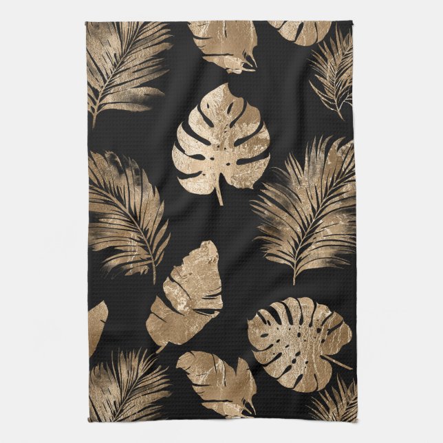 Chic Black Gold Tropical Leaves Kitchen Towel (Vertical)