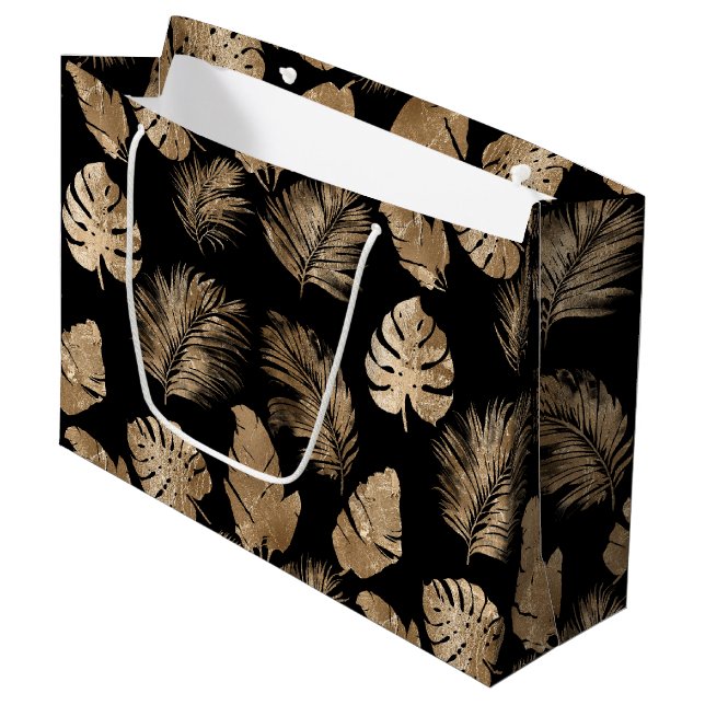 Chic Black Gold Tropical Leaves Large Gift Bag (Front Angled)
