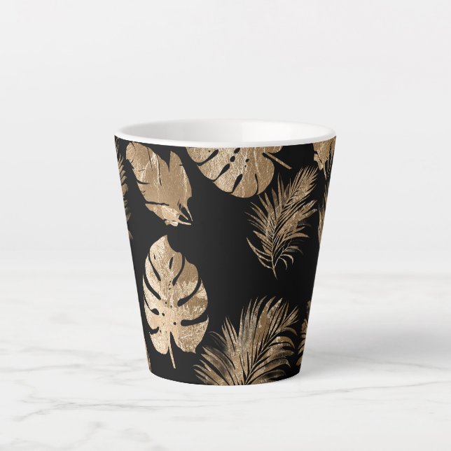 Chic Black Gold Tropical Leaves Latte Mug (Front)