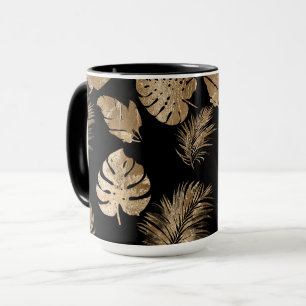 Chic Black Gold Tropical Leaves Mug