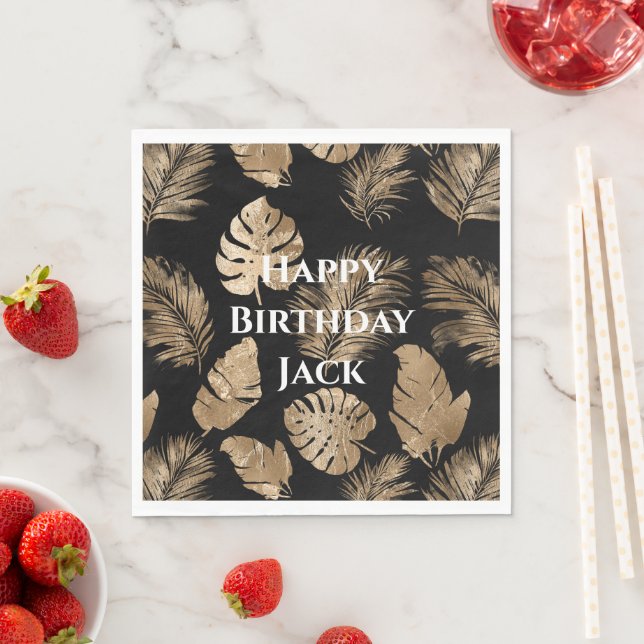 Chic Black Gold Tropical Leaves Napkins (Insitu)