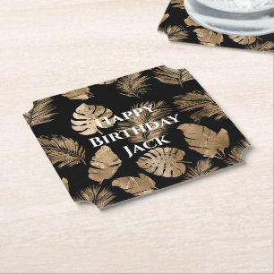 Chic Black Gold Tropical Leaves Paper Coaster