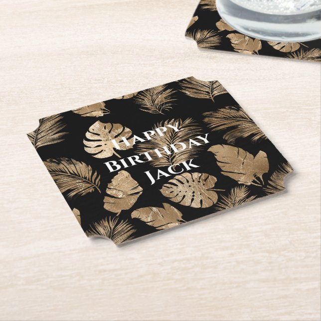 Chic Black Gold Tropical Leaves Paper Coaster (Angled)