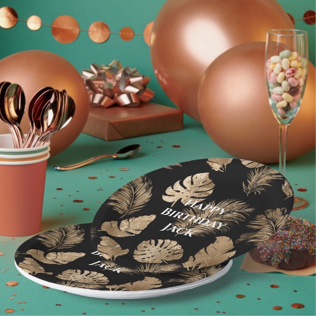 Chic Black Gold Tropical Leaves Paper Plates (Multi)