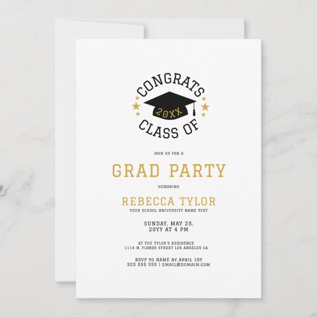 Chic Black & Gold Typography Grad Hat Party Invite (Front)