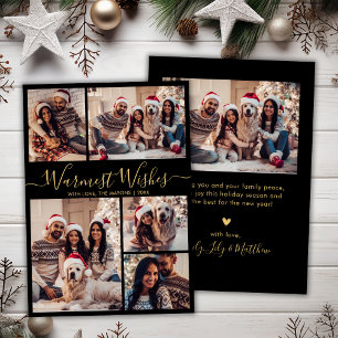 Chic Black Gold Warmest Wishes Script 5 Photo Holiday Card