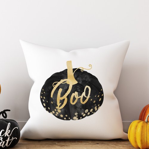 Chic Black  Gold Watercolor Halloween Pumpkin Boo Throw Pillow