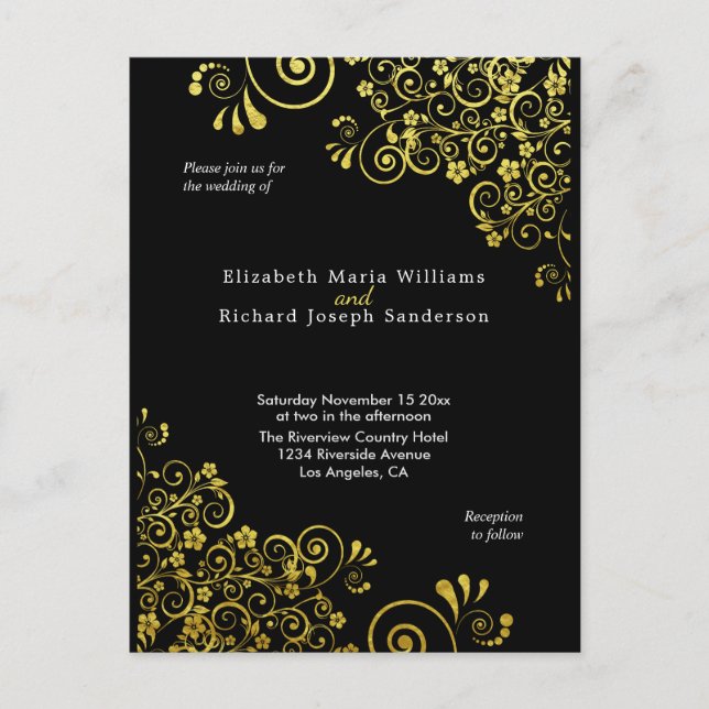Chic black Gold Wedding Invitation RSVP l Website Postcard (Front)