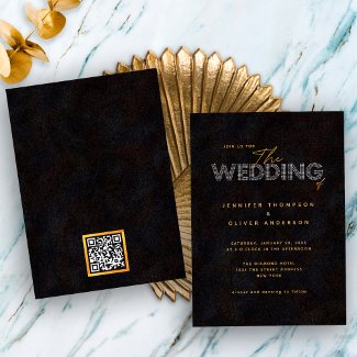 Chic Black Gold Wedding Invitation With QR Code
