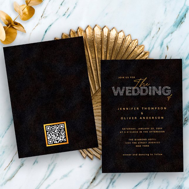 Chic Black Gold Wedding Invitation With QR Code (Front / Back)