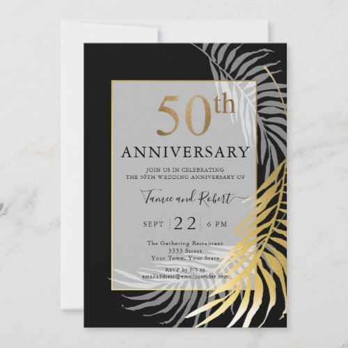 Chic Black Gold White 50th Wedding Anniversary Invitation