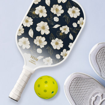 Chic Black Gold White Floral Pattern Custom Text Pickleball Paddle by colorfulgalshop at Zazzle